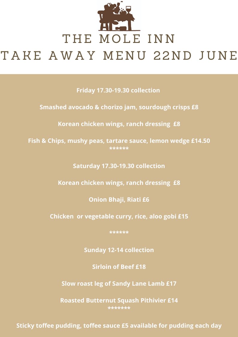 Mole Inn Take Away Menu this week💕💕#fishandchips #curry #currychicken  #sundayfunday #sundayroast #takeaway