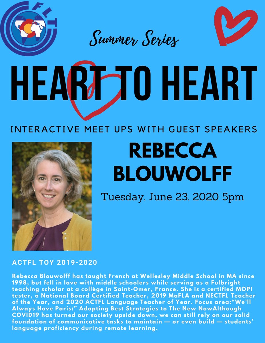 CCFLT's tweet photo. We are honored to have @actfl 2020 Teacher of the Year @MmeBlouwolff in our Summer Series Heart to Heart tomorrow 5pm MST/7pm EST #earlylang #langchat #worldlanguageeducators
https://t.co/cngfox90Ms https://t.co/fS8rX8b1AD