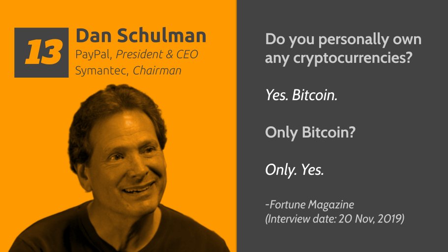 13/ Formerly of AT&T, Priceline and Virgin Mobile (USA), Dan Schulman has a deep understanding of markets and communications networks. As CEO of PayPal since 2014, he recently confirmed to  @polina_marinova that he personally owns  #Bitcoin  .