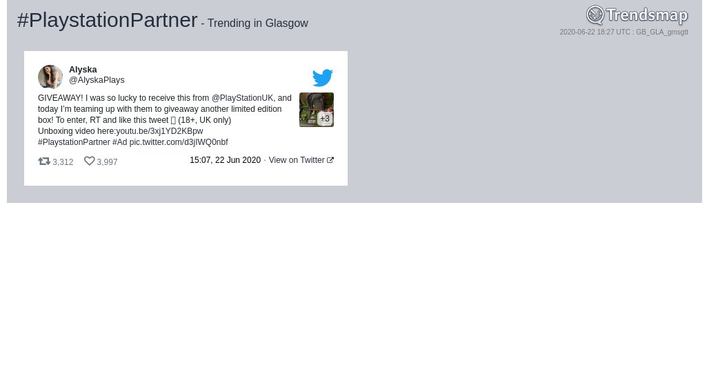 #playstationpartner is now trending in #Glasgow

trendsmap.com/r/GB_GLA_gmsgtt