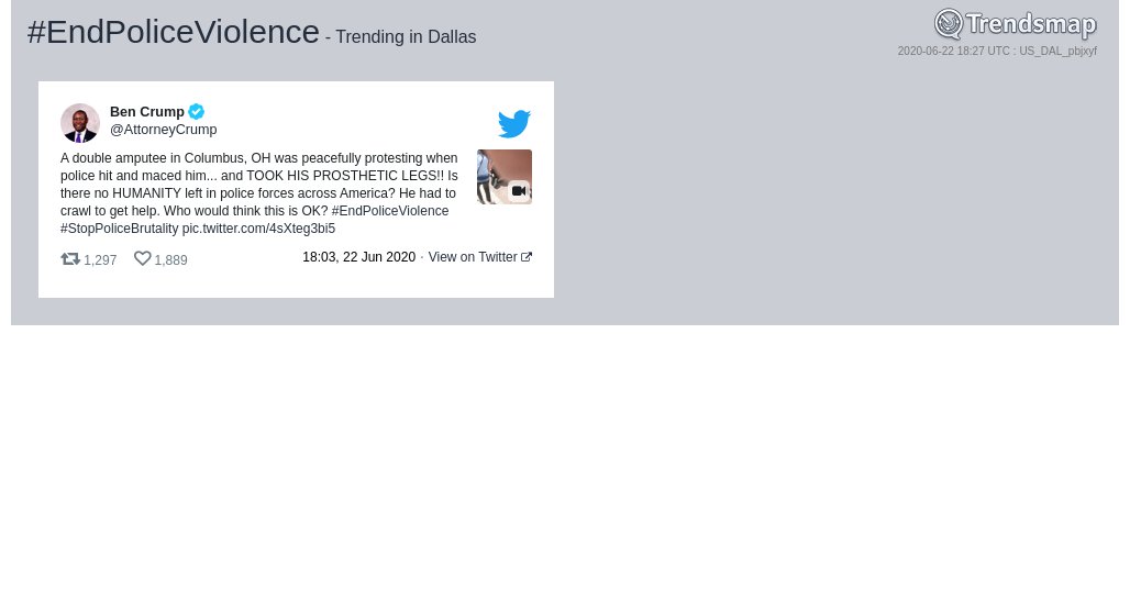 #endpoliceviolence is now trending in #Dallas

trendsmap.com/r/US_DAL_pbjxyf
