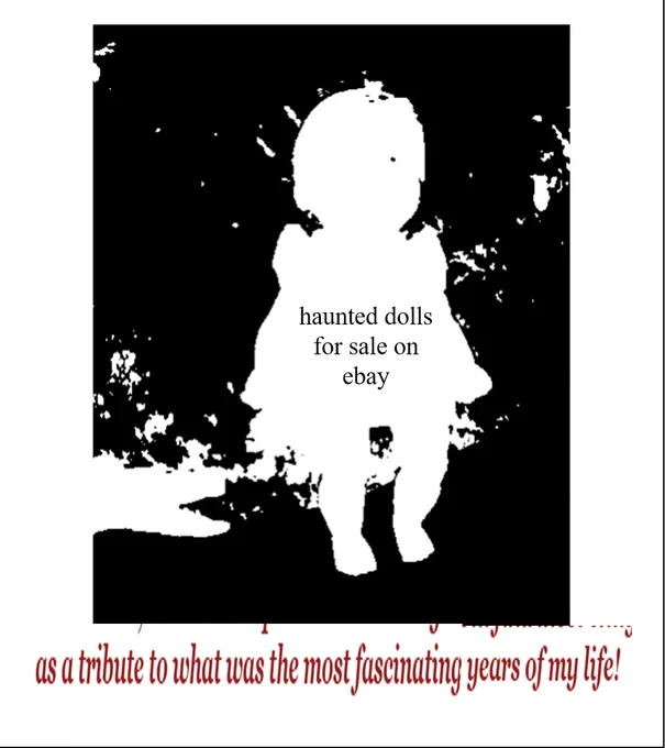 Haunted Dolls for Sale on ebay: as a tribute to what was the most fascinating years of my life!

a black and white collage created from ebay listings of haunted dolls
read it for free/pay what u will on gumroad: https://t.co/WoHVQ2mvaE 