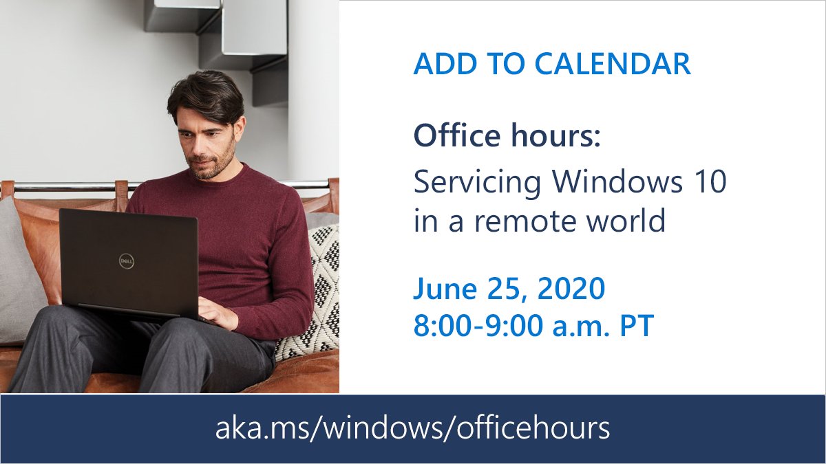 MSWindowsITPro's tweet image. Then, 6/25 at 8:00 a.m. PT, office hours to answer your questions about rolling out Windows 10 feature updates and monthly updates across remote and on-prem environments. aka.ms/windows/office…

#Windows10 #May2020Update #Version2004