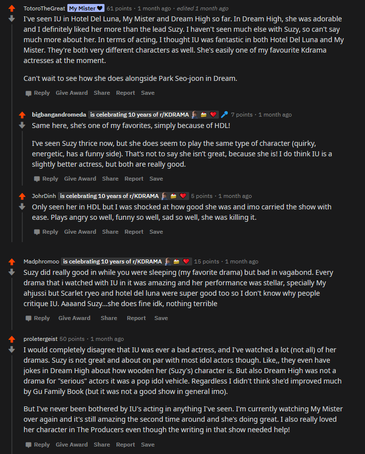 Kdrama fans praising&commnting on IU as an Actress [Part1]*This is a heated thread and kinda made me hesitate to include it here coz of name droppings but as what OP said, "This is not a hate or criticism post" and only sharing an opinion.  https://www.reddit.com/r/KDRAMA/comments/gf6dmx/iu_as_an_actress_hotel_del_luna/