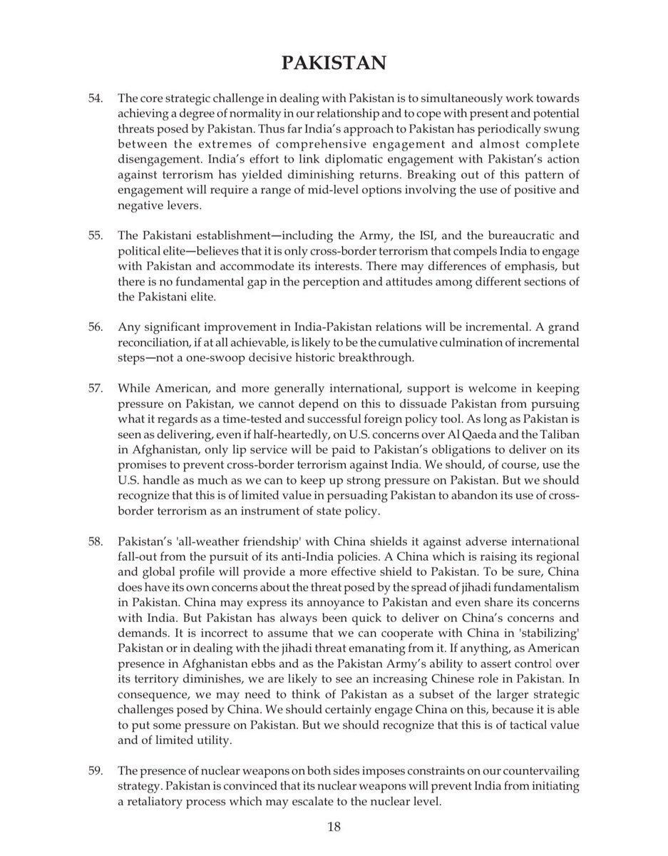 Here is the chapter on Pakistan... Two things stand out overall. 1. There is ZERO acknowledgement of Indian Occupied Kashmir as the foundation of the conflict and the destroyer of the relationship. 2. The emphasis is entirely on “terrorism”. 3/n