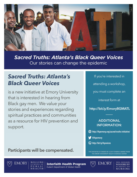 IHPEmory's tweet photo. IHP wants to learn how religion impacts the experiences of Black gay men in Atlanta regarding HIV prevention and support programs. Participants will receive $75 for their time in the workshops. The next workshop is THIS SATURDAY, June 27. More info here: https://t.co/sz3WgS2x0G https://t.co/pQY4KPeOF1