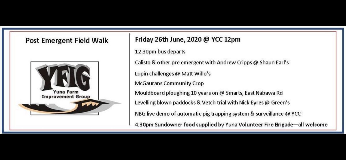 It’s a great time to head to Yuna for our post emergent field walk this Friday , no reported cases of COVID in well over 100 years, still social distancing of coarse #yfig