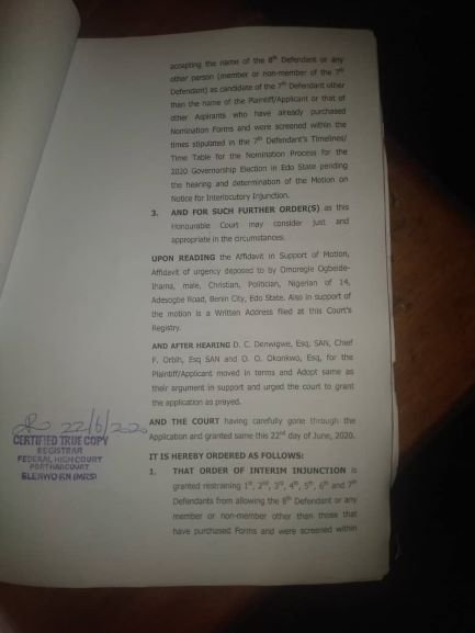 TheParot's tweet photo. #EdoDecides2020: Court restrains Godwin Obaseki [@GovernorObaseki] from participating in @OfficialPDPNig Primaries.
#EdoIsAPC #APCIsEdo ✅✅✅
@DeeOneAyekooto @gloria_adagbon @SusanHenshaw50 @trueNija @Mr_JAGss @MsTyma_ @Prince_E_Austin @OgoIsioma @EdoSocials @woye1 @inecnigeria https://t.co/nxKL2Ne66q