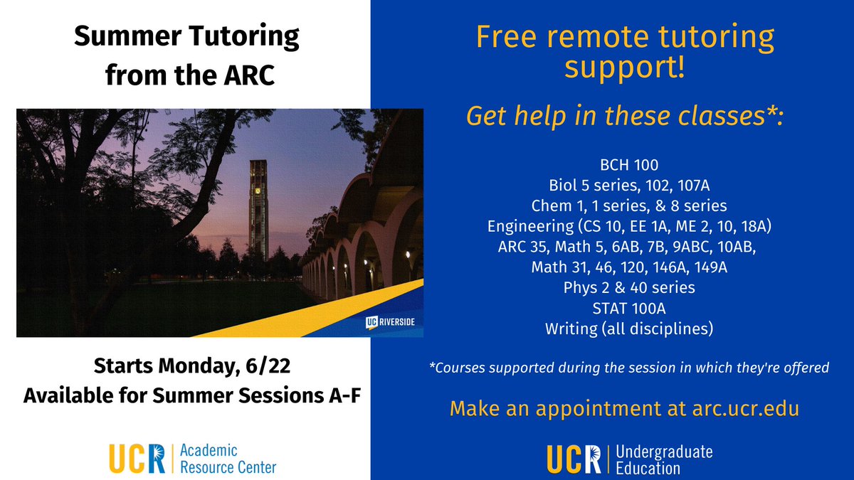 With UCR Summer Sessions starting today, we will be offering remote tutoring from the ARC! 🙌Make your appointment today by visiting our website arc.ucr.edu
