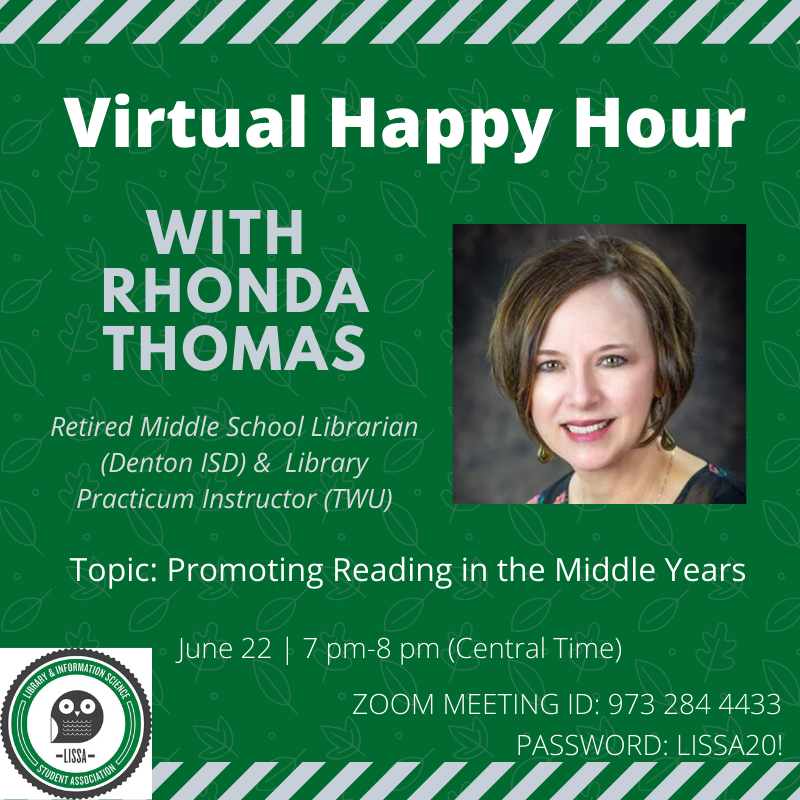 UNTLISSA's tweet photo. Don't forget, our next Happy Hour is happening TONIGHT, 7pm. Hope to see you there!
#untlissa #unt #libraryscience #infoscience #librarystudents #schoollibrary #schoollibrarian #reading https://t.co/FFvdCOX7UA
