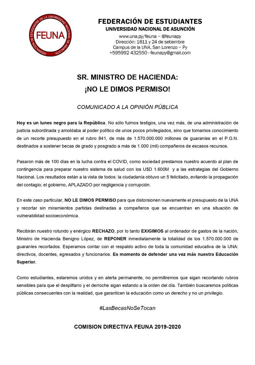 feunapy's tweet photo. NO LE DIMOS PERMISO ❗️
#LasBecasNoSeTocan
-
✂️ Enérgicamente en contra de cualquier intento de recorte a los compañeros en situación de vulnerabilidad socioeconómica

@BMLopezB @Haciendapy https://t.co/Nyyi4LcArO