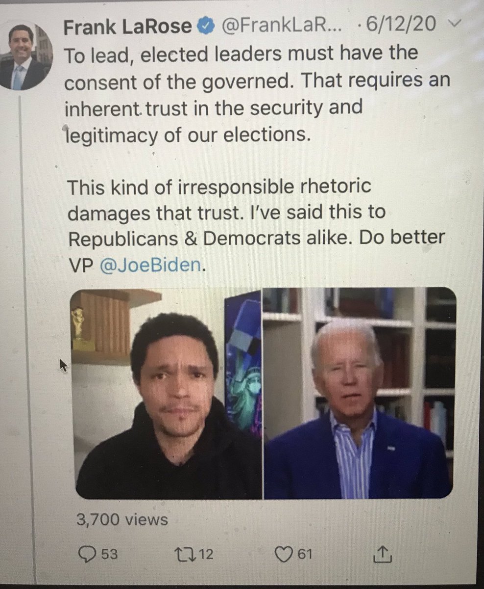 At 6:35, Biden answers. There, he says his “greatest concern” is that a Trump will try to “steal the election.” And that is the moment that LaRose attacks Biden for “damaging [] trust” in election legitimacy.8/