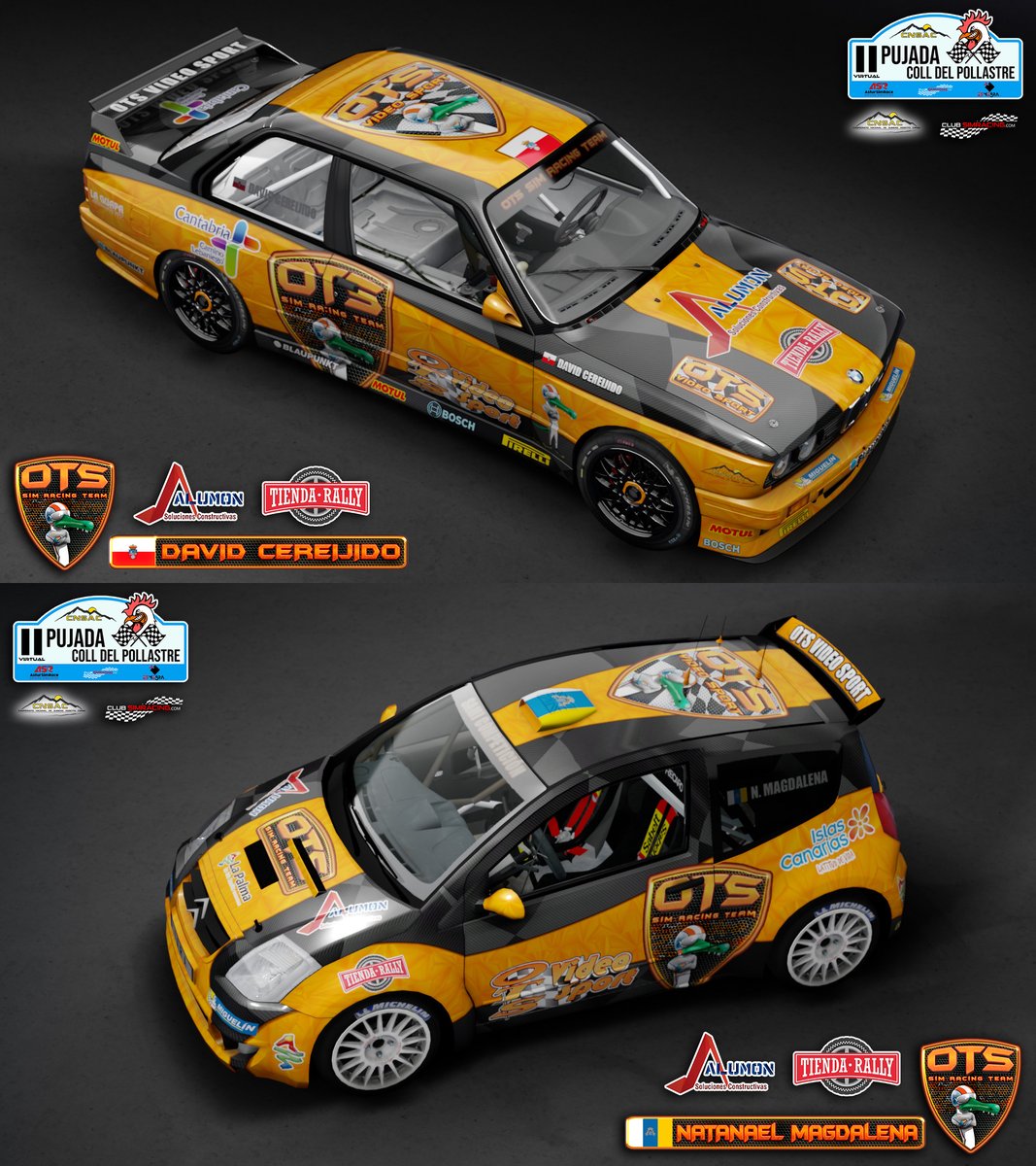 OtsSim's tweet photo. Este fin de semana disputamos la 4ª prueba del Campeonato de Subidas #CNSAC @club_simracing, en la Pujada al Coll del Pollastre, con 7 pilotos de 6 Comunidades distintas, y estrenando 2 nuevos sponsors:
- Alumon Soluciones Constructivas (Córdoba, 687 824 389)
- @TiendaRallye. https://t.co/tOBNecVlCb