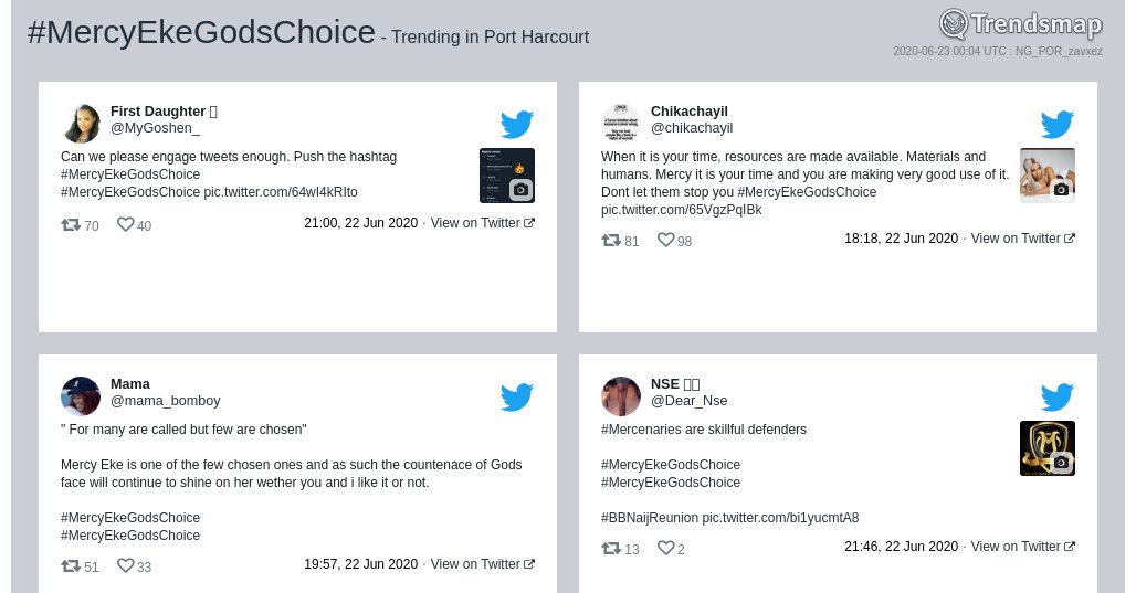 TMPortHarcourt's tweet photo. #mercyekegodschoice is now trending in #PortHarcourt

https://t.co/vWFf9I2Rah https://t.co/AZHGNsRdPl