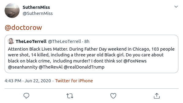 There was a period at the start of the uprising where I changed my screen name to  #BlackLivesMatter   and Twitter's algorithm glitched and made me the #3 result for the hashtag. Today, I'm still getting dozens, sometimes hundreds of these per day.