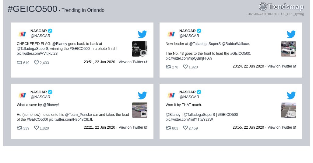 TrendsOrlando's tweet photo. #geico500 is now trending in #Orlando

https://t.co/aG6AIfCb3d https://t.co/KqypBTlQXy
