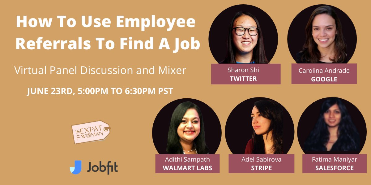 Join us on Tuesday, June 23rd at 5pm PST for this FREE Virtual ' How to Use Employee Referrals to Find a Job' event with panelists from @Twitter <a href="/Google/">Google</a> @WalmartLabs  <a href="/stripe/">Stripe</a>  <a href="/salesforce/">Salesforce</a> <a href="/MuleSoft/">MuleSoft</a> . RSVP Here: bit.ly/jobreferralsev…
#tewevent #Jobs