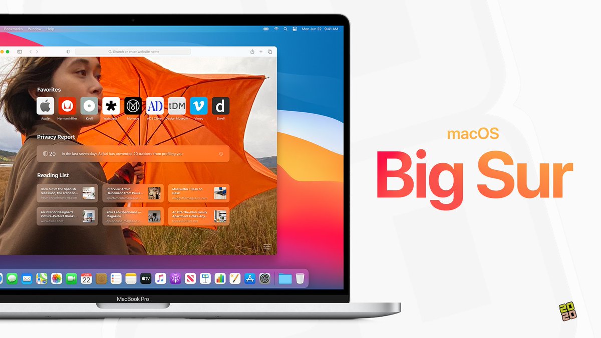 WWDC_'s tweet photo. Introducing.. macOS Big Sur

Today Apple has introduced macOS Big Sur featuring a beautiful redesign, the biggest Safari update ever and powerful enhancements to Messages, Maps, and privacy. macOS Big Sur will be available this fall. The developer beta is available today #WWDC20 https://t.co/9htWQnFdat