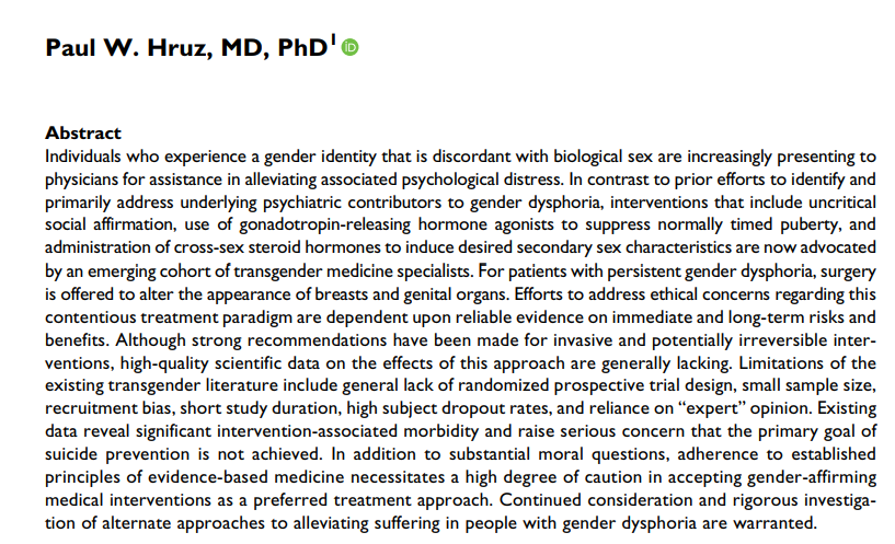 I'm going to break down "Deficiencies in Scientific Evidence for Medical Management of Gender Dysphoria", since people still seem largely confused about the evidence on this topic. Thread 