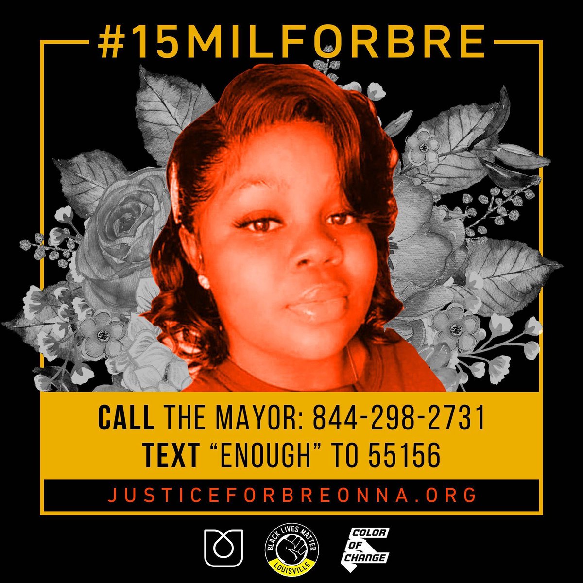 ColorOfChange's tweet photo. Turn up the pressure for #BreonnaTaylor 🔥

We need 15 Million signatures by Thurs #15MilforBre

1. Click to share the petition via email/Twitter/FB --> https://t.co/LJuYwdjU46

2. RT this!

3. You can get connected to every single city councilmember by dialing 844-298-2731. https://t.co/RSL6jnfr9l