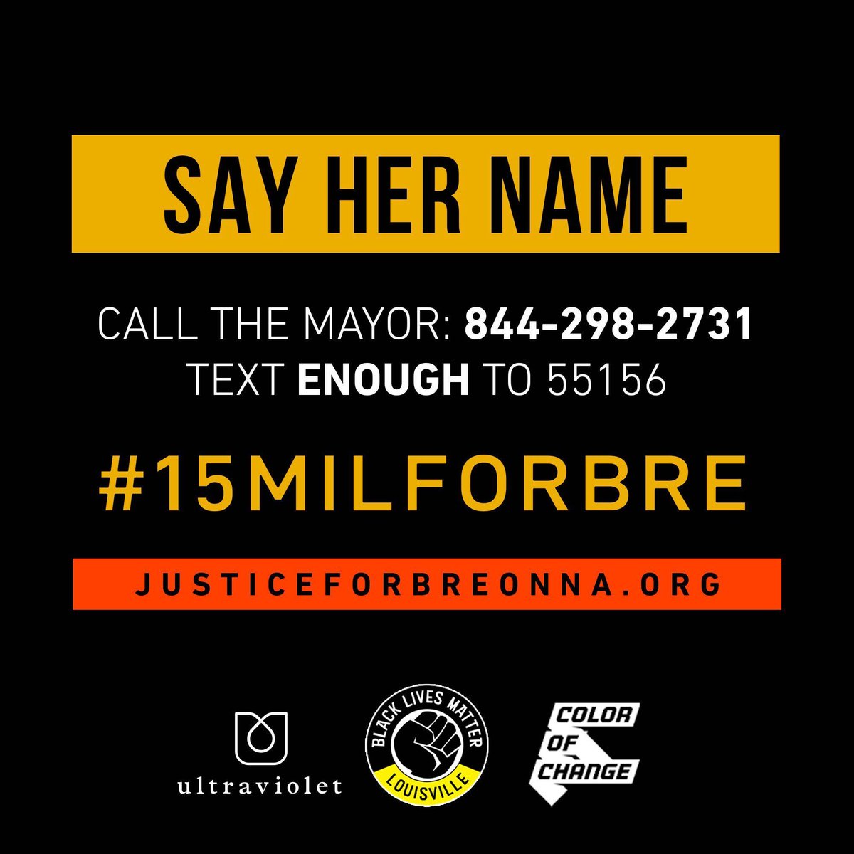 ColorOfChange's tweet photo. Turn up the pressure for #BreonnaTaylor 🔥

We need 15 Million signatures by Thurs #15MilforBre

1. Click to share the petition via email/Twitter/FB --> https://t.co/LJuYwdjU46

2. RT this!

3. You can get connected to every single city councilmember by dialing 844-298-2731. https://t.co/RSL6jnfr9l