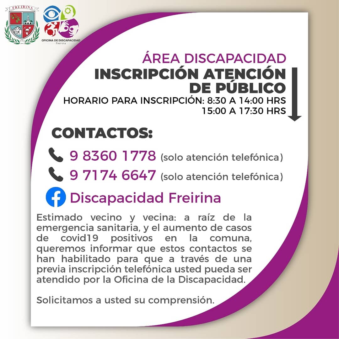 OFreirina's tweet photo. Desde la Oficina de Discapacidad estamos disponible para gestión de trámites vía telefónica. 
Contacto:
📞971746647
📞983601778
Teléfono MUNICIPALIDAD:
📞512401300
Para atención presencial debes inscribirte previamente. 
🔺Atención a Público a PcD ♿, en Monumento Los Portales. https://t.co/kfdh3SN1Ie
