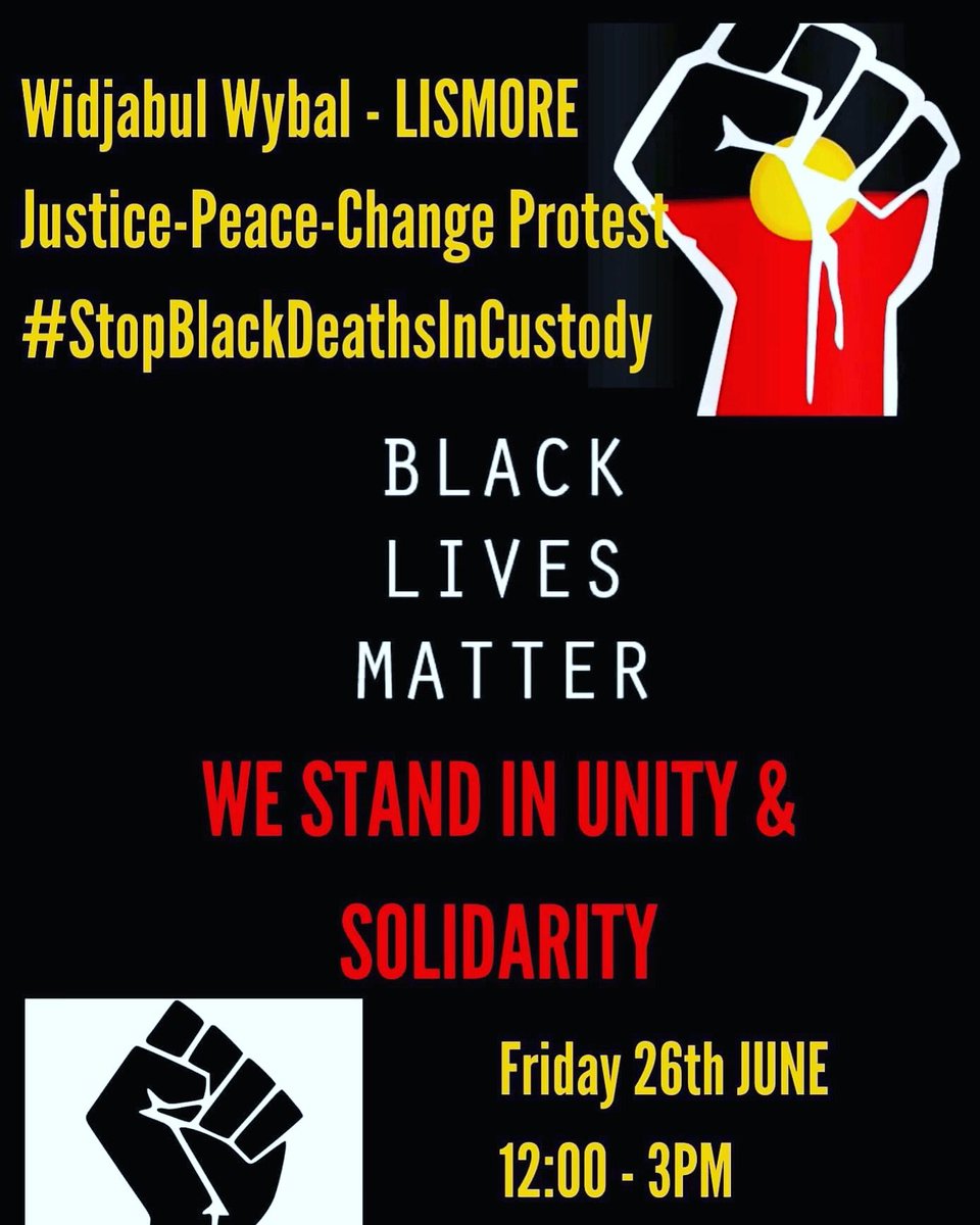 emmpearse's tweet photo. It doesn’t stop with one local protest. Australia and Lismore, keep working. Widjabul Wybal Black Lives Matter rally: this Friday, June 26, Spinks Park. Rally, listen, learn about the lived experience of local Indigenous families. We white people don’t know. #nojusticenopeace https://t.co/wgZxjfcXwO