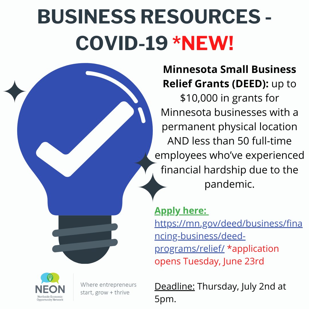 We're very excited to announce that <a href="/mndeed/">MN DEED</a> has a grant application for small businesses impacted by the pandemic opening TOMORROW, June 23rd!

APPLY HERE: mn.gov/deed/business/…

<a href="/North_MPLS_/">NorthMpls.org</a>