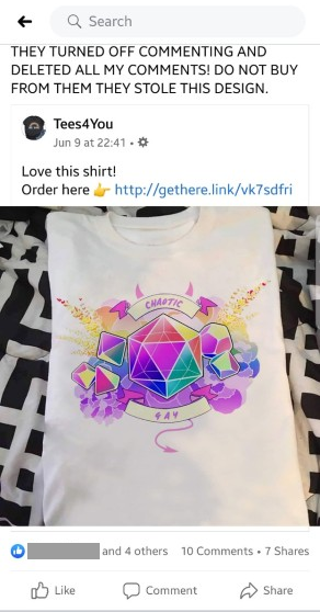 AlexBDent's tweet photo. ‼️ ART THEFT ‼️

If any of you see these ads come up on Facebook, please report the hell out of ‘em! They’ve stolen my art to sell unlawfully – I only use Redbubble.

Every time I report their listings to the store they just reupload them immediately under that same lil' link😠 https://t.co/p7yUdvxs5E