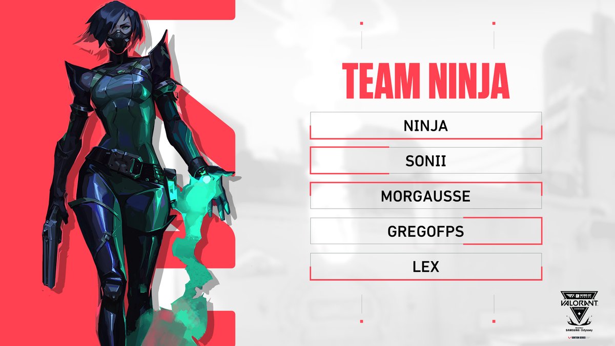 T1 VALORANT (@t1) on Twitter photo Team Ninja is the next team joining us in the T1 x NSG VALORANT Showdown, presented by <a href="/Samsung/">Samsung Electronics</a> Odyssey!
<a href="/Ninja/">Ninja</a>
<a href="/sonii/">Michael / SONII ☀️</a>
<a href="/Morgausse_/">MØRG</a>
<a href="/GregoFPS/">Grego</a>
<a href="/TheUltraLex/">LeX</a>
June 26-28 | 2PM PT | twitch.tv/t1esports Team Ninja is the next team joining us in the T1 x NSG VALORANT Showdown, presented by <a href="/Samsung/">Samsung Electronics</a> Odyssey!
<a href="/Ninja/">Ninja</a>
<a href="/sonii/">Michael / SONII ☀️</a>
<a href="/Morgausse_/">MØRG</a>
<a href="/GregoFPS/">Grego</a>
<a href="/TheUltraLex/">LeX</a>
June 26-28 | 2PM PT | twitch.tv/t1esports