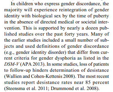 Majority (85%) of children with GD (by the old definition) desist. That doesn't hold up for adolescents necessarily