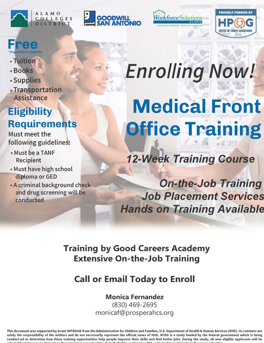 Interested in Medical Front Office Training where you will receive hands-on training and job placement services afterwards? For more information, please contact Monica to see if you’re eligible to participate.