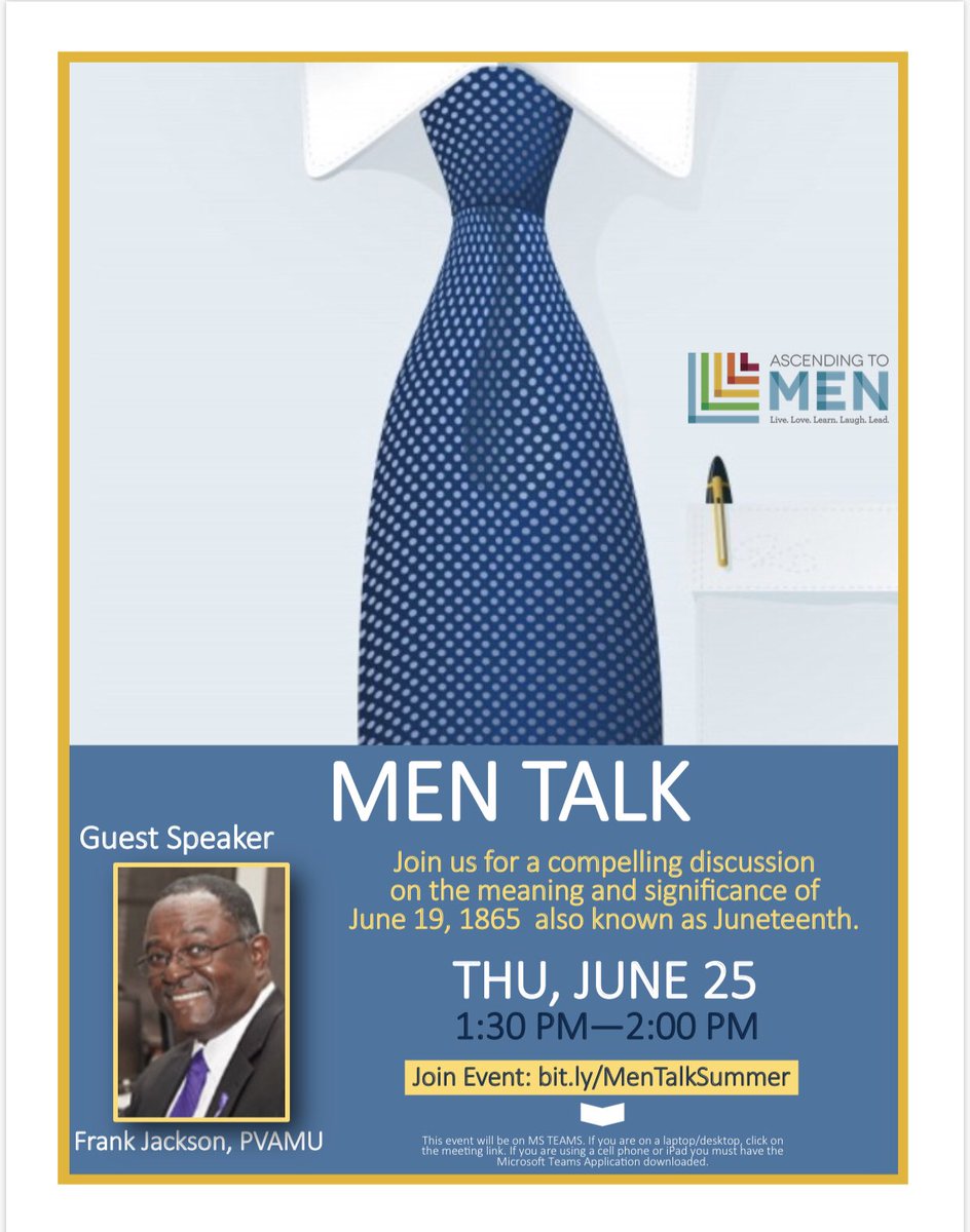 HISD_ATMP's tweet photo. Join us Thursday at 1:30pm for a conversation around the importance of Juneteenth!

Who: Frank Jackson, former Mayor of Prairie View, TX

When: Thursday, June 25th 1:30-2:00pm

Where: https://t.co/PVPEZsNMIP

#HISDMenTalk #ATMP #AscendingToMen #ATMProject #HISDAtHome https://t.co/0nkp5Vpx2G