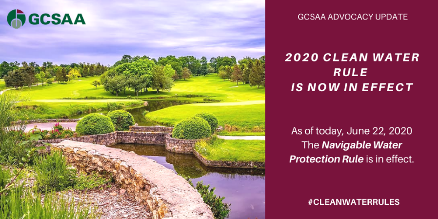 GCSAA's tweet photo. The Navigable Water Protection Rule is now in effect! Thanks, @EPA &amp; USACE, for this step forward in replacing #WOTUS w/ a rule that offers clarity for superintendents in their role as responsible stewards of water resources. https://t.co/Age8eiCW8P #CleanWaterRules #GolfAdvocacy https://t.co/WUfJuDxtgi