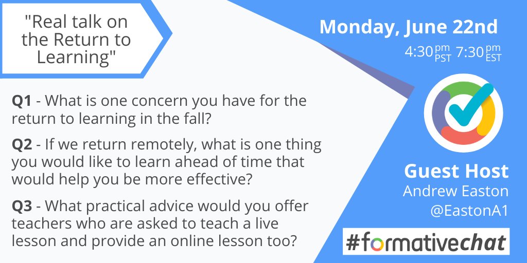 EastonA1's tweet photo. TONIGHT is the NIGHT for Real Talk on the Return to Learning! Join us at 6:30 CST for a #formativechat that you won't want to miss.
#tlap #ESUCC #institute4PL #edchat #education #neblended #LaunchNebraska #leadlap #remotelearning #remoteteaching #distancelearning #DBCincBooks https://t.co/f0r1VG91yE