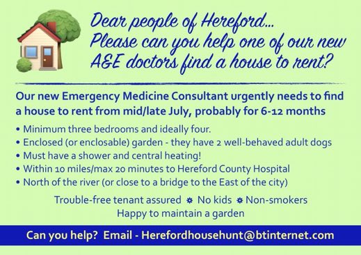 Marvellous twitter folk of Herefordshire I need your help!! A long awaited new team member is joining me and their was-to-be landlord has let them down 😢 Let’s show them how amazing this county is......#Herefordshire #findahousefor.....