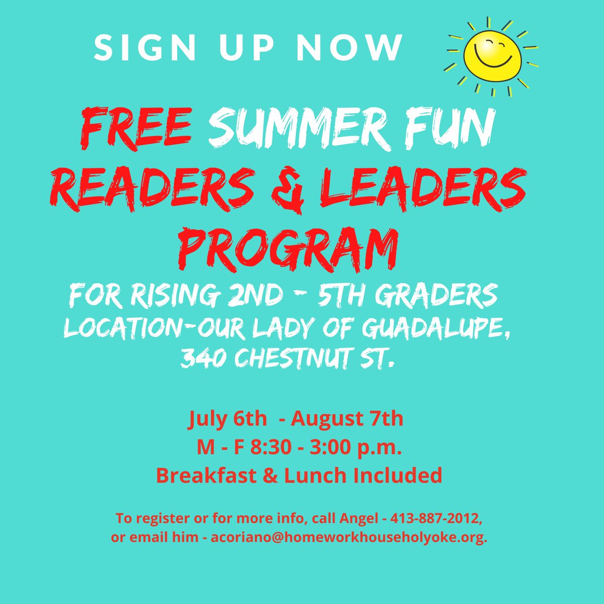 HH_01040's tweet photo. Register for our free Summer Readers & Leaders Program beginning 7/6 to be held at OLG, 340 Chestnut St. Holyoke. All health & safety guidelines will be strictly followed. Breakfast & lunch included. https://t.co/cKLPexaphg or call Angel at 413-887-2012.
#homeworkhouse #holyoke https://t.co/mh6fuDfRvp