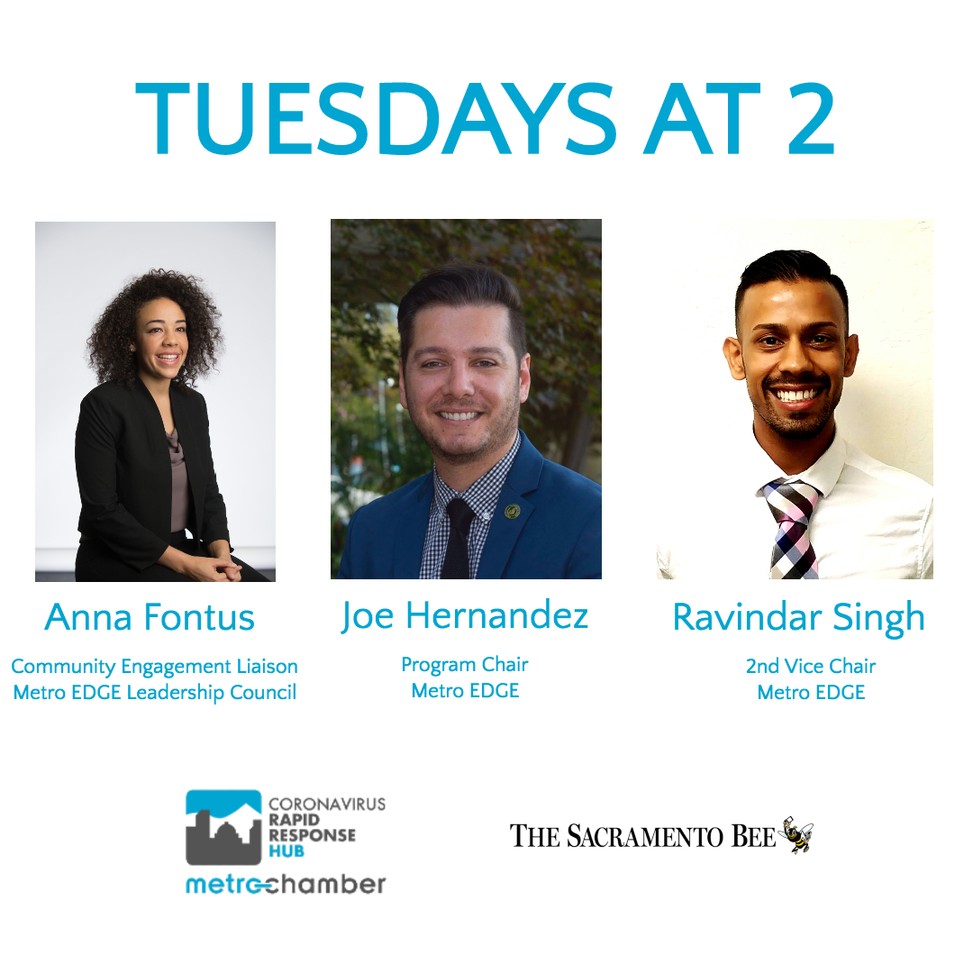 Metro_Chamber's tweet photo. Tuesdays At 2 this week features leaders from Metro EDGE, Metro Chamber's Young Professional group, discussing diversity, inclusion and belonging: @itsalwaysbetter, @joehernandez916 &amp; Ravindar Singh.

Tune in to Facebook Live from the @sacbee_news or @Metro_Chamber every Tuesday. https://t.co/072E2qpOFo