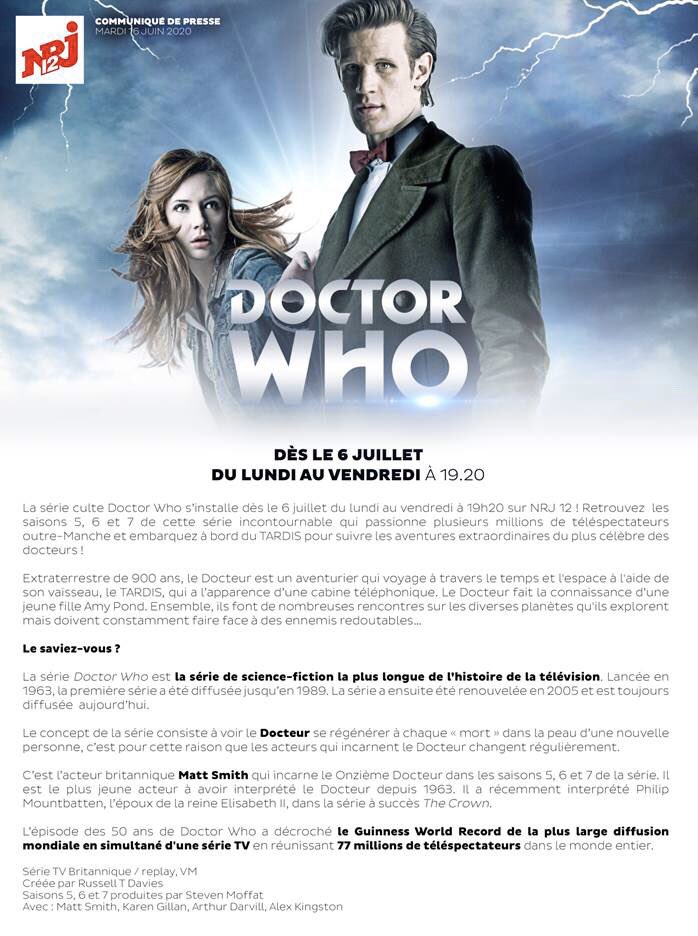 DoctorWho_FR's tweet photo. #INFO A partir du lundi 6 juillet, @NRJ12lachaine diffusera les saisons 5, 6 et 7 du lundi au vendredi à 19h20. #DoctorWho https://t.co/MFuOGZqGKm https://t.co/Mj6HcmIVZy