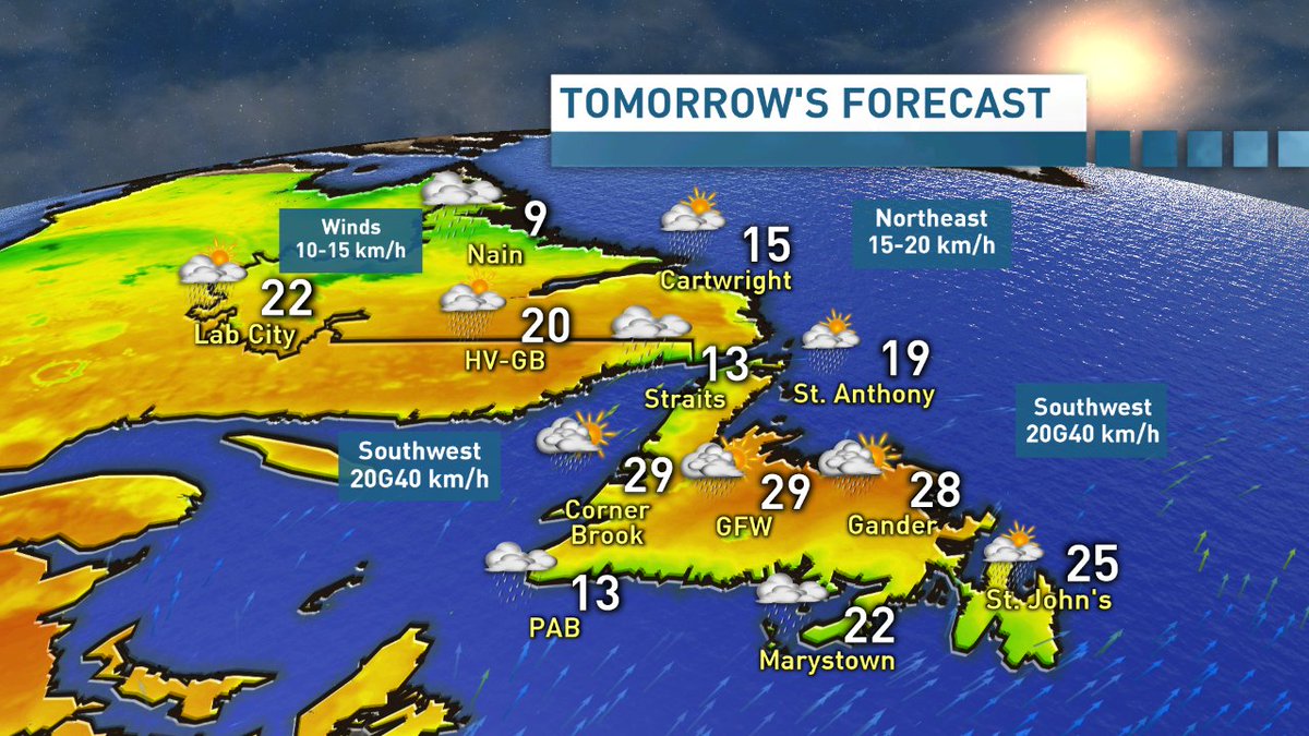 a_brauweiler's tweet image. It's going to be a hot one tm for the west, central and eastern parts of the island, even the risk of pop up t-storms mainly for Central but the West might hear a few rumbles Drizzle and fog for southern NL. Then a slight chance of a pop-up shower for Eastern NL. #nlwx