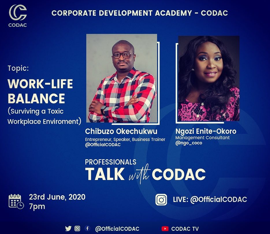 OFFICIALCODAC's tweet photo. Join the conversation tomorrow! Let’s discuss Work-Life Balance...a pressing silent issue in the society.
My Guest will be sharing a personal experience... please RT.
Professionals talk with CODAC tomorrow at 7pm!
#CODAC #CODACSERIES
https://t.co/REVH99iW0a https://t.co/m94KXNZnJ7