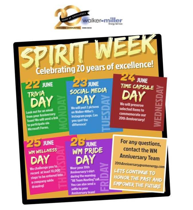 EnergyBillSave's tweet image. It’s WMES SPIRIT WEEK! 
In celebration of our 20th Anniversary on Friday, we are getting in the spirit with an internal spirit week of events for our wonderful staff! 

All team members are encouraged to show their Walker-Miller SPIRIT!! #WMES #20thAnniversary  #WeAreWalkerMiller