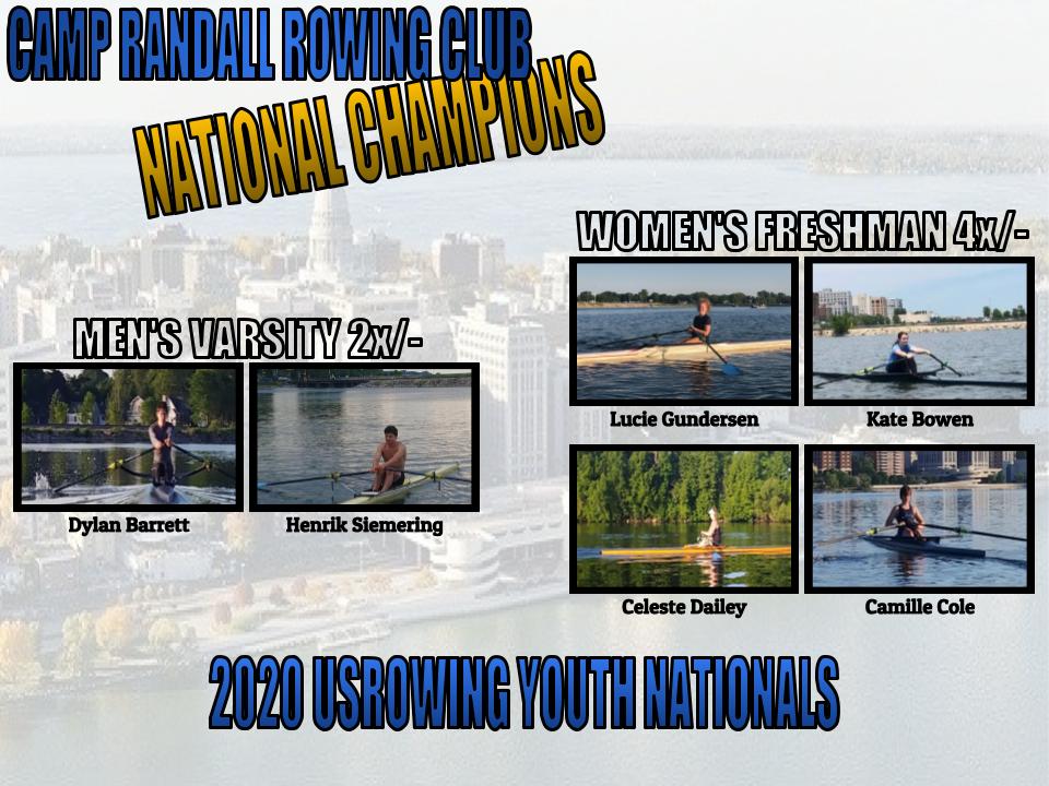 This year we had two boats take first at the USRowing Youth National Championships! Congratulations to our Men's Varsity 2x/- (Dylan Barrett, Henrik Siemering) and our Women's Freshman 4x/- (Lucie Gundersen, Kate Bowen, Celeste Dailey, Camille Cole) #gocrrc