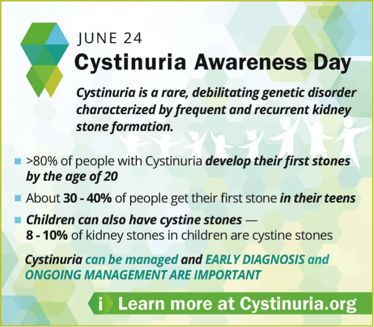 StephanieDarwak's tweet photo. June 24 is Cystinuria Awareness Day. Cystinuria is considered a form of Chronic Kidney Disease (CKD) because it is caused by a genetic defect in kidney function. Learn more at https://t.co/JuI7DRl49n #CystinuriaDay2020 https://t.co/R9KkgU9CBC