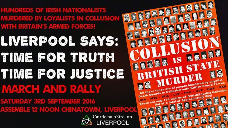 Cairdeliverpool's tweet photo. Liverpool remembers the hundreds of Irish civilians murdered by loyalist paramilitaries with support from Britain's armed forces #ArmedForcesWeek @CllrAnnaRothery https://t.co/tsEpaONgVs