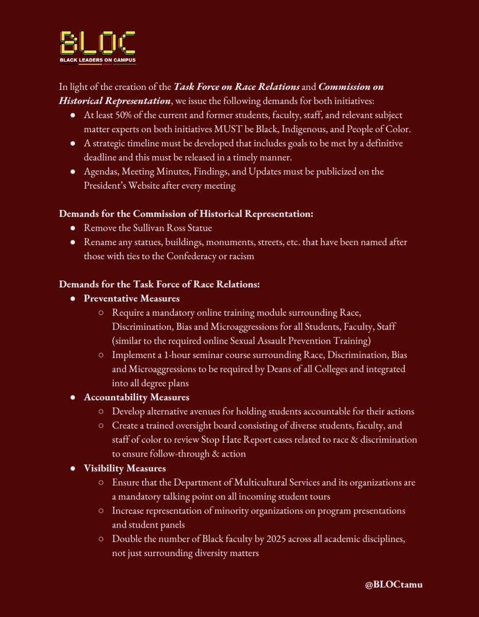 BLOCtamu's tweet photo. “The cries of the Black Aggie community will no longer be silenced.....Like All Aggies, We Bleed Maroon. We Demand Change.”

Black Leaders on Campus (BLOC) have come together to speak on behalf of the Black Aggie Community and voice their demands! https://t.co/8sJOLjuOlL