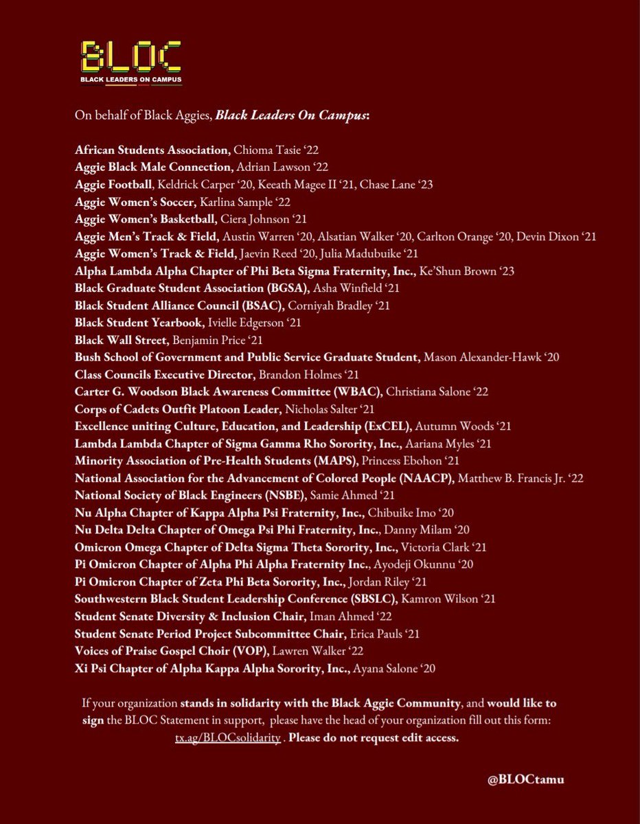 “The cries of the Black Aggie community will no longer be silenced.....Like All Aggies, We Bleed Maroon. We Demand Change.”

Black Leaders on Campus (BLOC) have come together to speak on behalf of the Black Aggie Community and voice their demands!