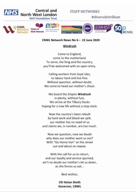 #Windrush2020 a poem from @CNWLNHS governor @ketansheth3