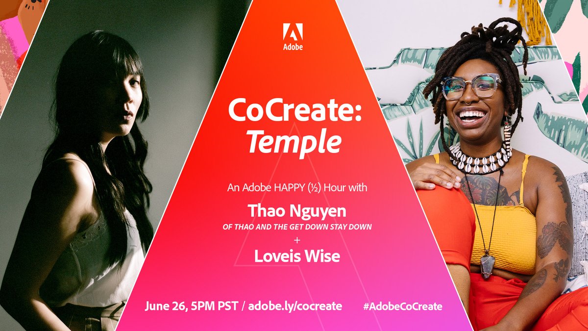 Join us this Friday for our first #AdobeCoCreate livestream, a happy (half) hour featuring <a href="/thaogetstaydown/">Thao</a> and @LoveisWise_. 👏 Come create with us and watch these artists explore their theme of “Temple.” adobe.ly/cocreate
