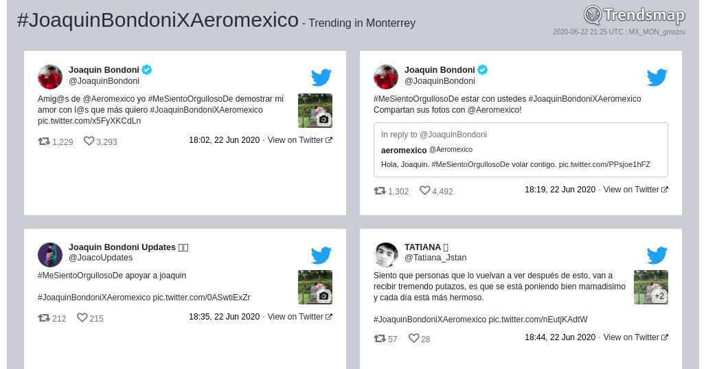 #joaquinbondonixaeromexico es ahora una tendencia en #Monterrey

trendsmap.com/r/MX_MON_gmxzru